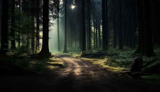 percorso attraverso una foresta oscura di notte