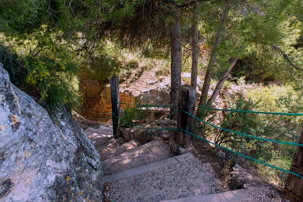 Percorso di scale nel mezzo della montagna che conduce allo stretto di arboleja Murcia Spain