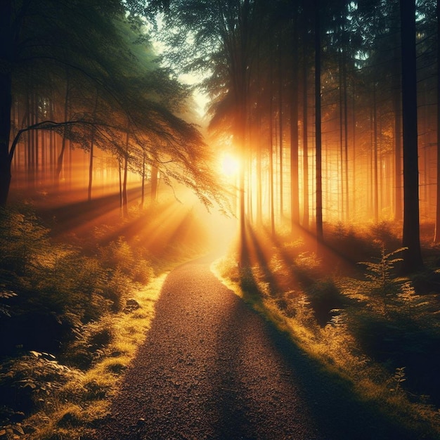 percorso forestale all'alba un percorso forestale che conduce più in profondità nella foresta sullo sfondo della foresta