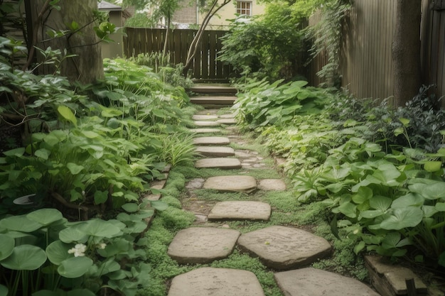 Percorso lungo un giardino con pietre miliari e vegetazione