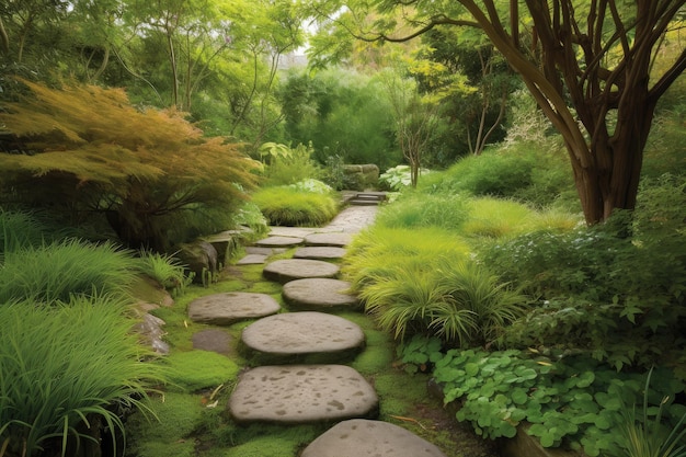 Percorso lungo un giardino con pietre miliari e vegetazione