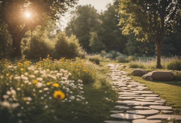 Percorso nel giardino con fiori e girasoli al tramonto