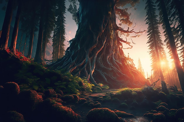 Percorso nella foresta misteriosa paesaggio mistico all'alba tramonto Alberi contorti nell'illustrazione 3d del muschio degli altopiani