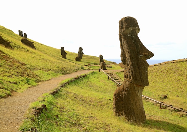 Percorso turistico tra il grande gruppo di statue Moai giganti abbandonate sul pendio del vulcano Rano Raraku, Isola di Pasqua, Cile