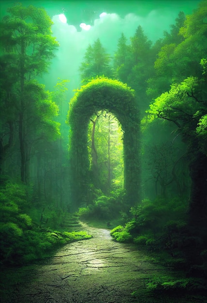 Percorso verso un'altra dimensione In una fitta foresta verde Le foglie sugli alberi sono verdi Tutta la terra è ricoperta di erba verde Illustrazione 3D