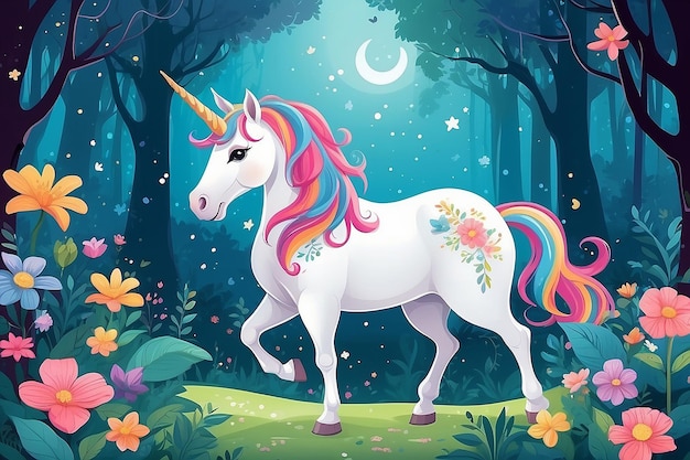 Perdetevi in un mondo magico con questa adorabile illustrazione vettoriale di un unicorno su uno sfondo naturale bellissimo