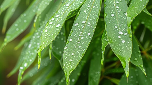 Perdita di gocce d'acqua sulle foglie verdi di bambù