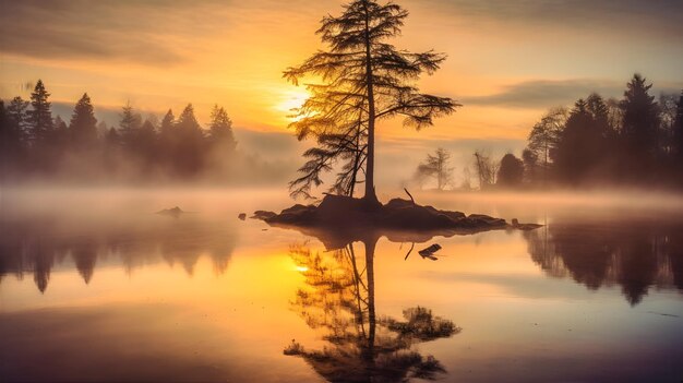 Perditi nella bellezza della natura con questa immagine serena che cattura un lago tranquillo all'alba avvolto nella nebbia e circondato da alberi torreggianti Generative ai