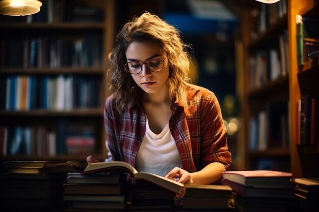 Perduto nelle pagine Un'immagine affascinante di una giovane e attraente bibliotecaria immersa in un libro in mezzo a Lib