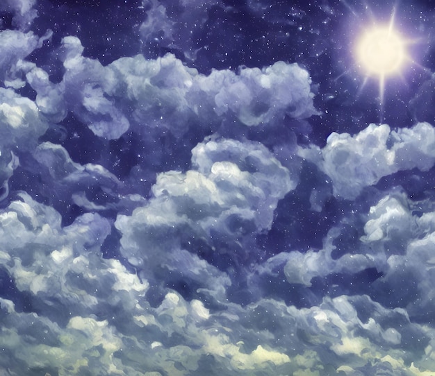 Perfetta bella illustrataion 3d del cielo con soffici nuvole in stile Van Gogh
