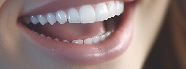 Perfetti denti bianchi sorriso di una giovane donna da vicino