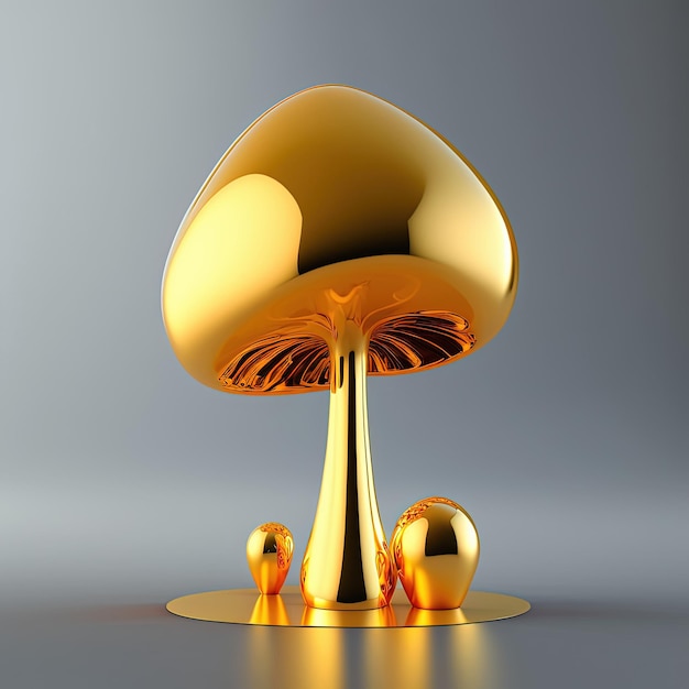 Perfetto fungo magico dorato su sfondo grigio metallizzato AI