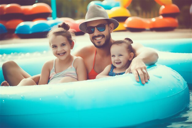 Perfetto relax estivo in famiglia presso l'attrazione degli scivoli gonfiabili per padre e bambini dell'aquapark