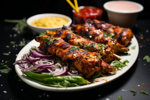 Perfezione alla griglia Vista laterale del kebab di pollo in lavash con erbe cipolla e salsa adjika