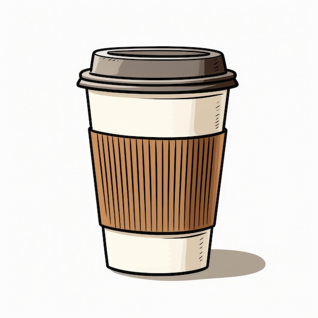 Perfezione del caffè Schizzo elegante di una tazza ToGo con sottili linee marroni su adesivo a sfondo bianco