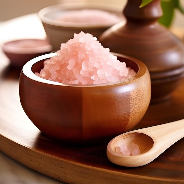 Perfezione del condimento Cantina di sale in ceramica e cucchiaio di legno con sale rosa dell'Himalaya
