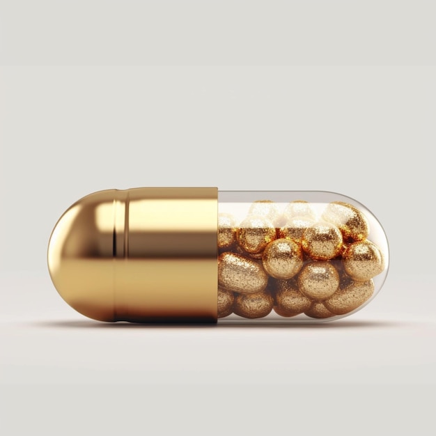 Perfezione della pillola Pillola medica dorata 3D che si distingue su sfondo bianco Per i social media