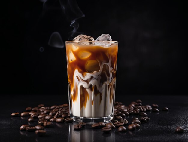 Perfezione raffreddata Scopri l'arte del perfetto caffè ghiacciato con latte su una tela scura