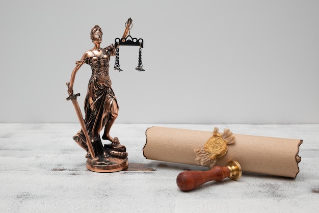 Pergamena di Lady Justice con sigillo e timbro su un vecchio tavolo di legno Concetto di legge e giustizia