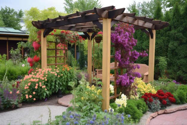 Pergola circondata da piante fiorite colorate che portano bellezza naturale a qualsiasi spazio esterno