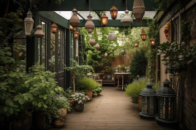 Pergola con lanterne sospese e piante in vaso per un tranquillo giardino creato con ai generativo