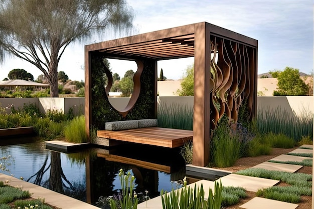 Pergola da giardino verticale in legno con laghetti rettangolari in un patio moderno creato con ai generativo