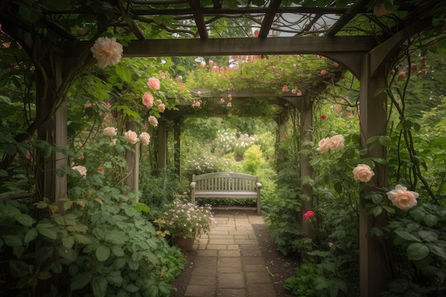 Pergola ricoperta di rose in fiore circondate da fogliame verde