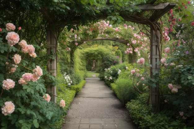 Pergola ricoperta di rose in fiore circondate da fogliame verde