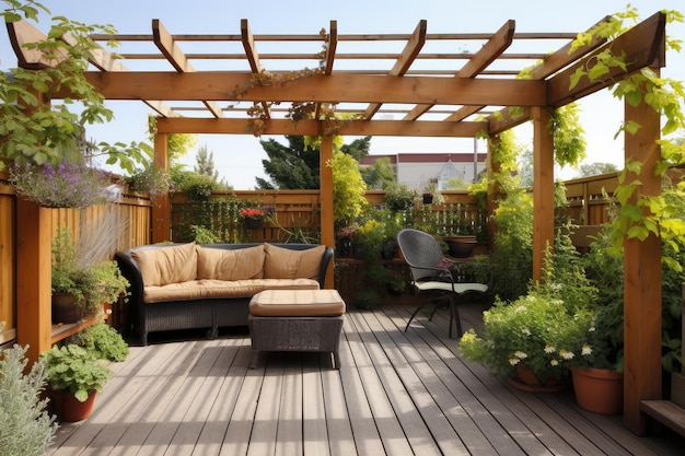 Pergola sul ponte con sedie a sdraio e piante in vaso