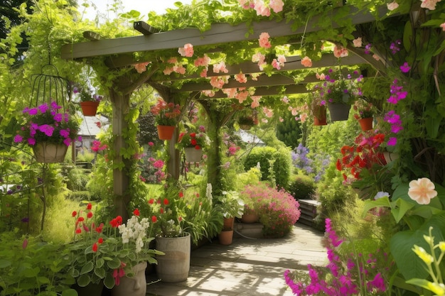 Pergolato con cesti appesi di fiori e lanterne in giardino