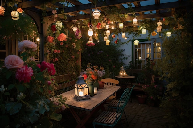 Pergolato con cesti di fiori appesi e lanterne per un'atmosfera romantica