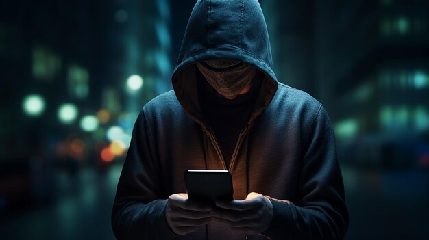 Pericoloso hacker con cappuccio con uno smartphone in mano Crimine informatico su Internet Attacco informatico