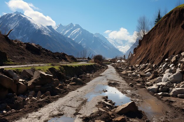 Pericoloso inizio primavera Rocce di montagna e una strada insidiosa di trombe