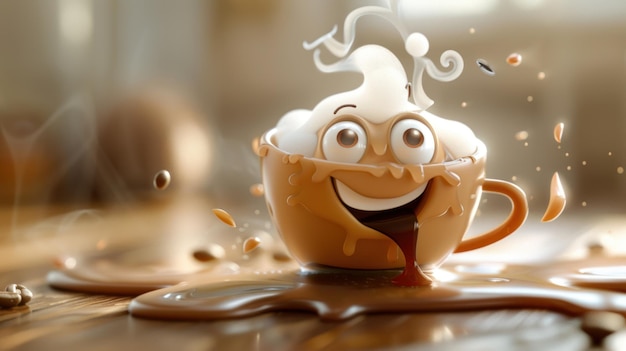 Perky coffee buddy 3d cartoon carino felice personaggio di chicchi di caffè con vapore che aggiunge fascino alla tua giornata con un adorabile chicco di caffè animato che trasuda felicità e calore da una tazza piena di joe