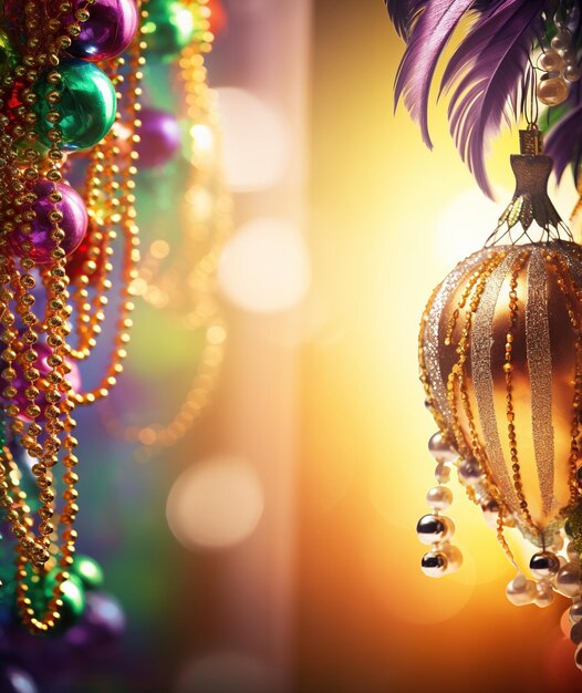 Perle colorate di Mardi Gras e luci bokeh sfondo festivo AI Contenuto generato