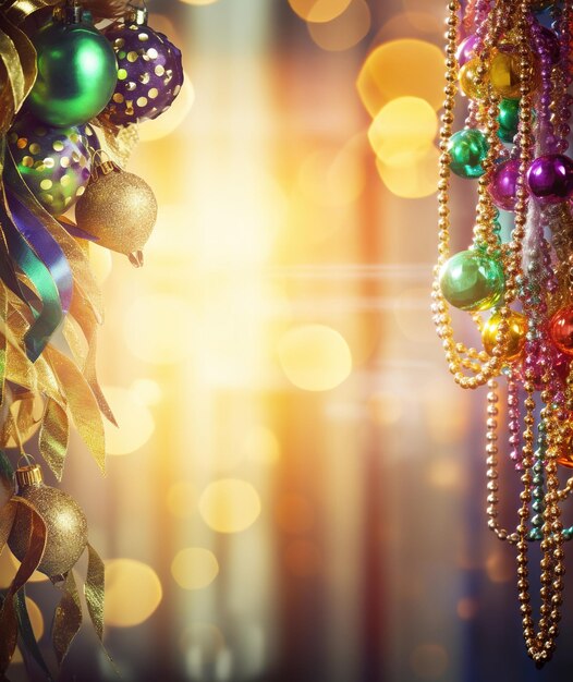 Perle colorate di Mardi Gras e luci bokeh sfondo festivo AI Contenuto generato