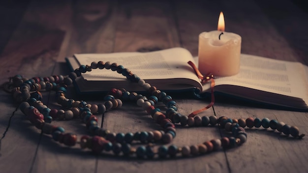 Perle di preghiera e candela vicino a un libro religioso