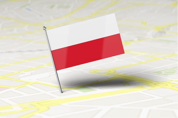 Perno di posizione della bandiera nazionale della Polonia bloccato in una mappa stradale della città Rendering 3D