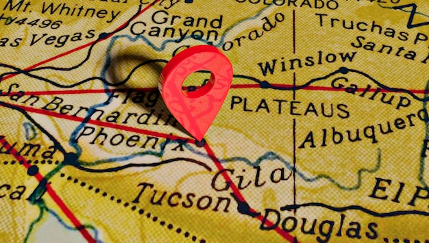 Perno di posizione sopra la città di Phoenix sulla mappa degli Stati Uniti d'America