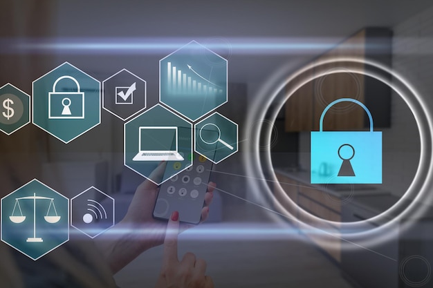 Person using a laptop computer with technology cybersecurity and privacy concept. protection and safe data for global network security.