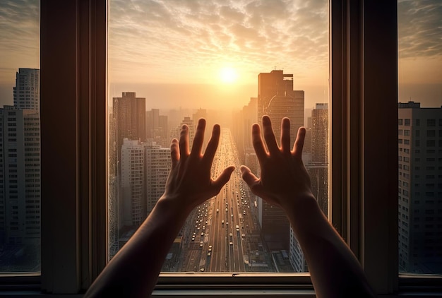 persona all'alba con le mani fuori dalla finestra raffigurazioni della vita urbana