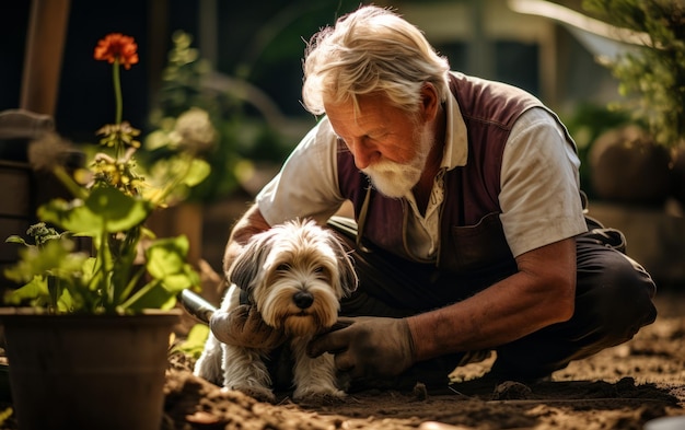 Persona anziana che fa giardinaggio con un cucciolo giocoso