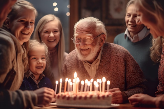 Persona anziana sorridente che celebra il compleanno con una torta generativa ai