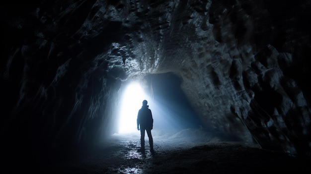 persona arafed in piedi in una grotta buia con la luce che ne esce generativo ai