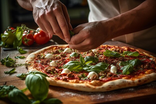 Persona che aggiunge un tocco finale di basilico fresco a una pizza di carne