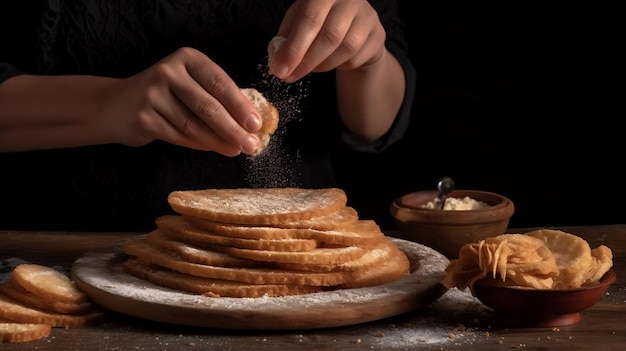 Persona che aggiunge zucchero su Tortas Fritas Illustrazione realistica dell'alimento Generative Ai