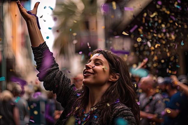 Persona che balla per le strade della celebrazione del mardi gras con coriandoli volanti creati con generativa