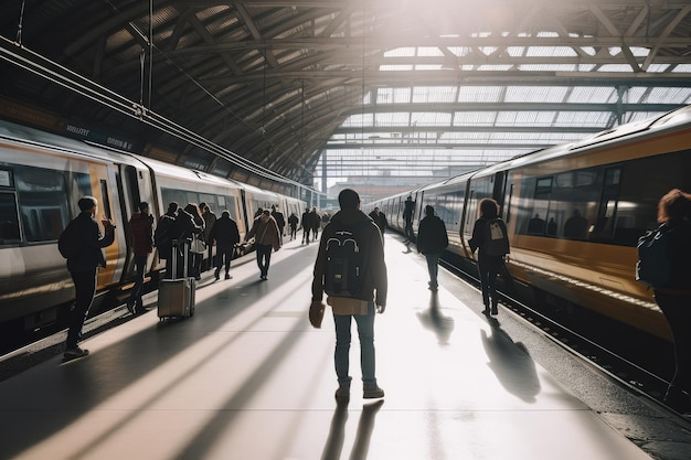 Persona che cammina attraverso l'affollata stazione con vista sui treni e sulle persone create con l'IA generativa