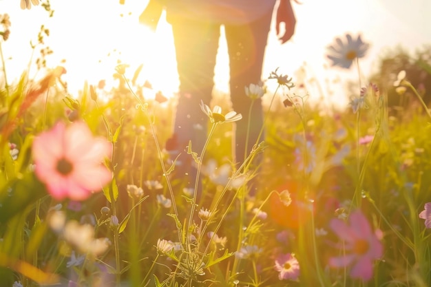 Persona che cammina attraverso un campo di fiori