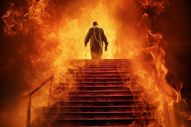 Persona che cammina giù per le scale all'inferno attraverso il fuoco dopo la morte Generativo Ai